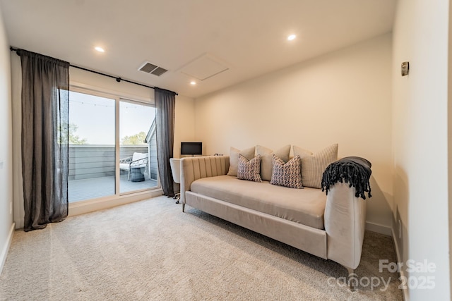 bedroom with visible vents, carpet floors, attic access, recessed lighting, and access to outside