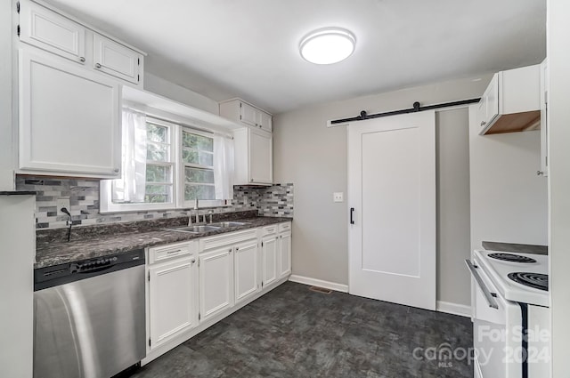 kitchen with white cabinets, a barn door, stainless steel dishwasher, and white electric stove