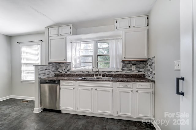 kitchen with white cabinetry, decorative backsplash, sink, and dishwasher