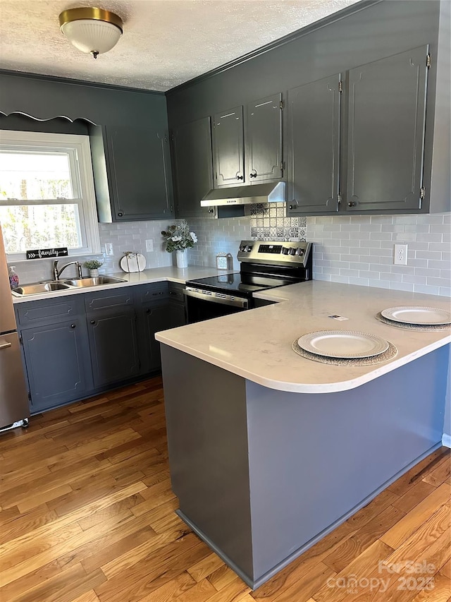 kitchen with stainless steel range with electric stovetop, kitchen peninsula, sink, and light wood-type flooring