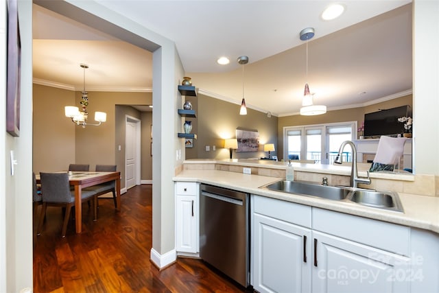 kitchen with white cabinetry, dishwasher, sink, hanging light fixtures, and dark wood-type flooring