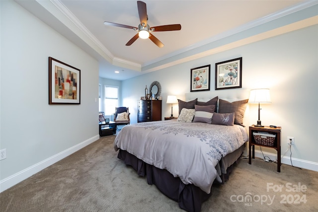 bedroom featuring ceiling fan, a raised ceiling, carpet floors, and crown molding