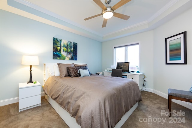 401 N Church St Unit 406, Charlotte, NC 28202 - bedroom with carpet, ornamental molding, baseboards, a raised ceiling, and a ceiling fan