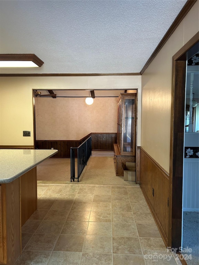 corridor featuring wooden walls, a textured ceiling, light carpet, and ornamental molding