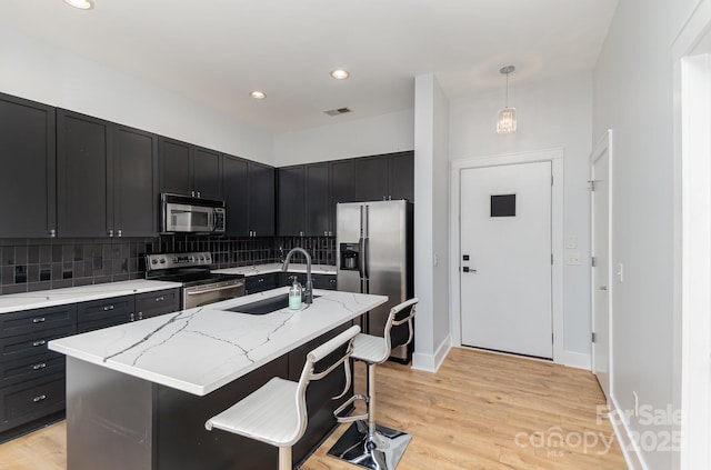 kitchen with appliances with stainless steel finishes, a kitchen island with sink, a kitchen breakfast bar, pendant lighting, and sink