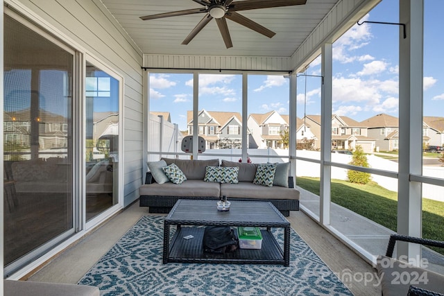 sunroom featuring ceiling fan and wood ceiling