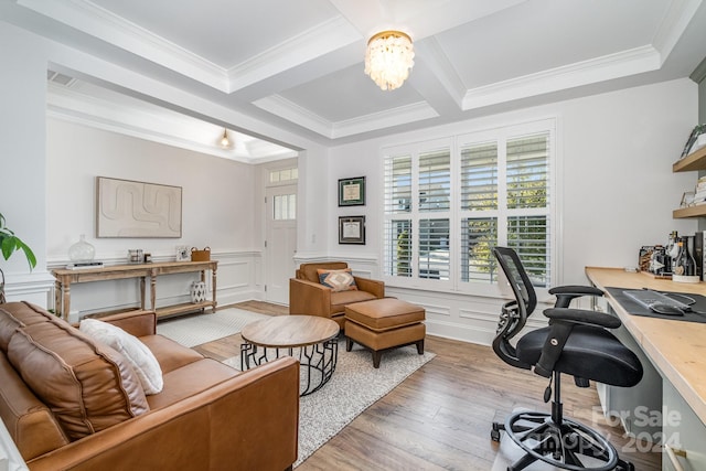 office featuring coffered ceiling, crown molding, a notable chandelier, beamed ceiling, and hardwood / wood-style floors