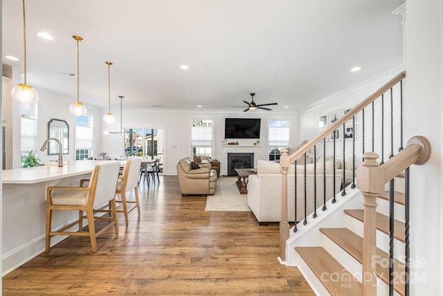 living room featuring wood-type flooring, ceiling fan, ornamental molding, and sink