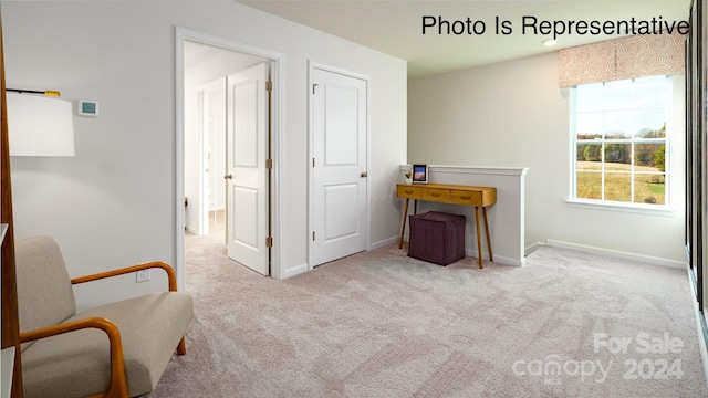 living area featuring light carpet