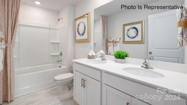 full bathroom with toilet, vanity, shower / bath combination, and tile patterned floors