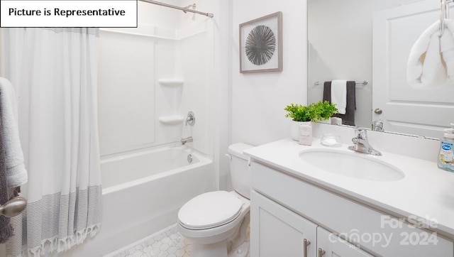 full bathroom featuring vanity, toilet, and shower / bathtub combination with curtain