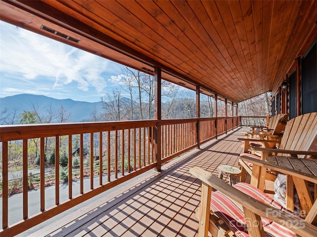 wooden deck with a mountain view