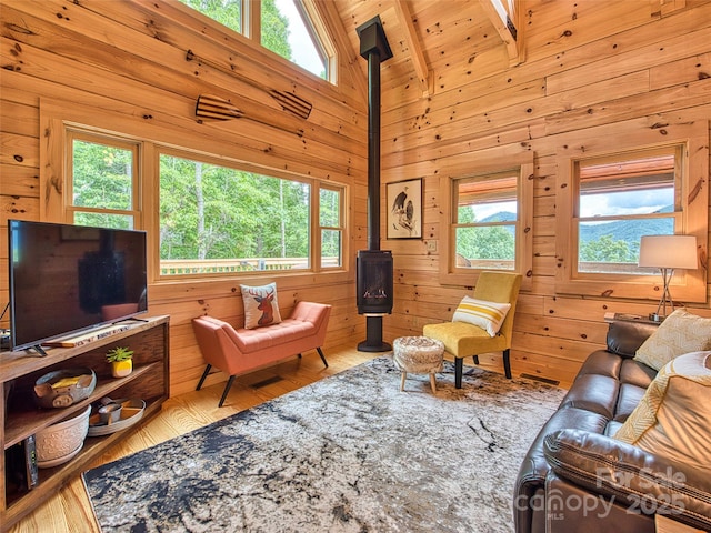 living room with plenty of natural light, a wood stove, and wooden walls