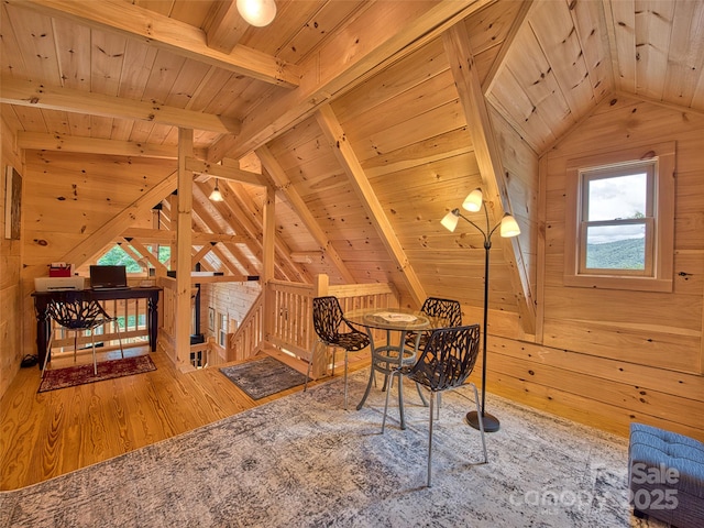 interior space featuring lofted ceiling with beams, wooden ceiling, and wood walls