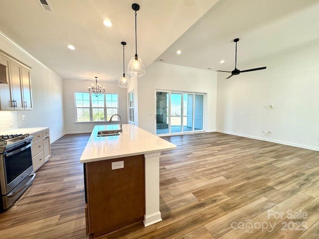 kitchen with gas stove, a center island with sink, hardwood / wood-style floors, and sink