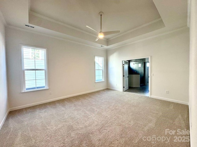 unfurnished room with ornamental molding, ceiling fan, a tray ceiling, and carpet