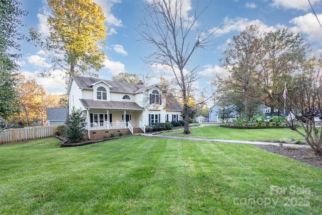 cape cod home with a chimney, a porch, a front yard, crawl space, and fence