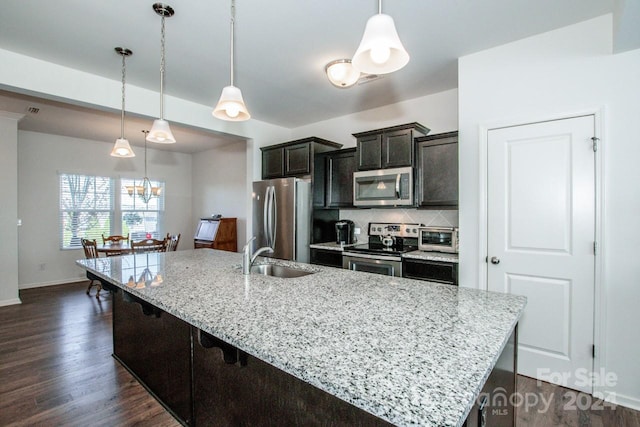 kitchen featuring sink, dark wood-type flooring, decorative light fixtures, a center island with sink, and appliances with stainless steel finishes