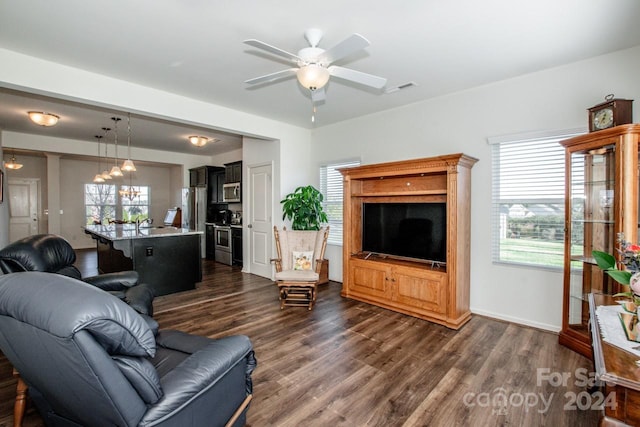 living room featuring ceiling fan with notable chandelier and dark hardwood / wood-style flooring