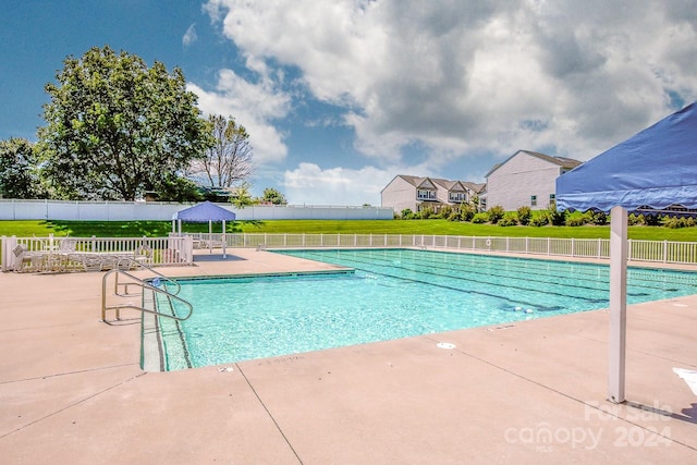 view of swimming pool featuring a patio and a lawn