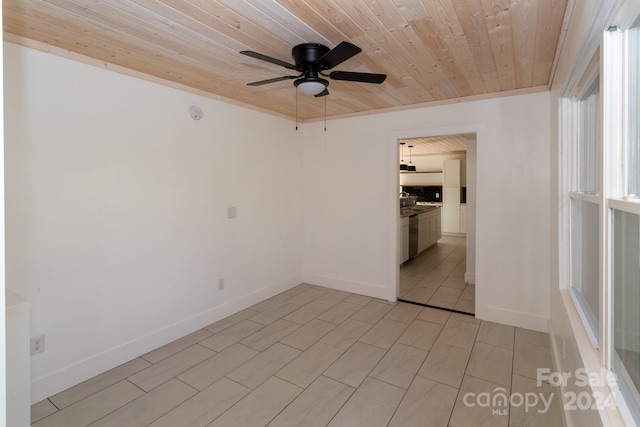 unfurnished room featuring ceiling fan and wooden ceiling