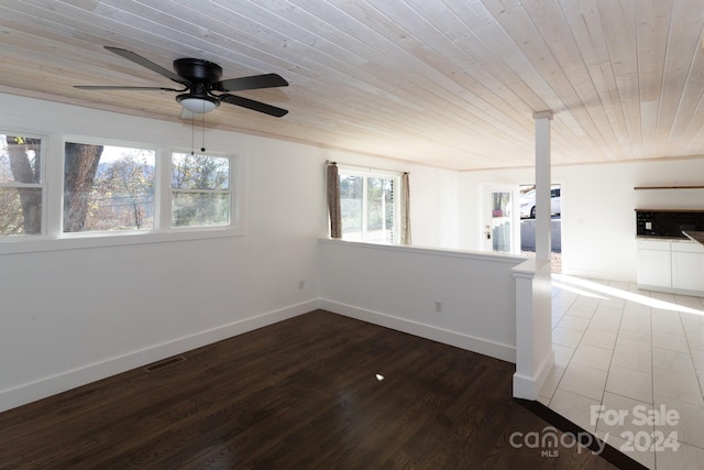 empty room featuring wood-type flooring, ceiling fan, and wood ceiling