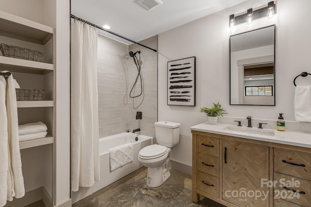 full bathroom featuring shower / bath combination with curtain, toilet, and vanity