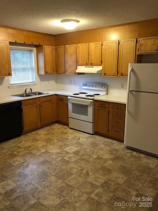 kitchen featuring white appliances, under cabinet range hood, light countertops, and a sink