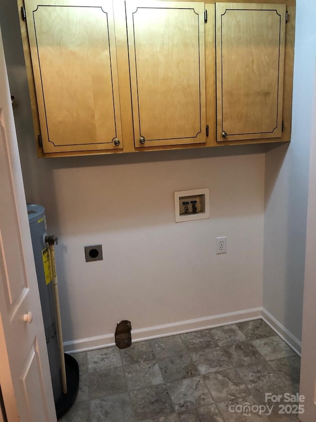 clothes washing area featuring hookup for an electric dryer, washer hookup, baseboards, water heater, and cabinet space