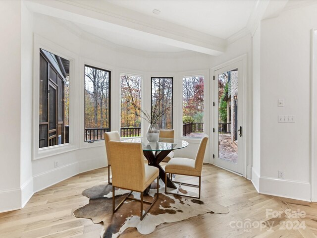 dining space featuring plenty of natural light, light hardwood / wood-style floors, and ornamental molding