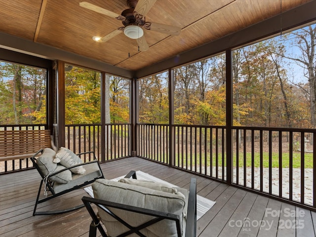 sunroom featuring wood ceiling and ceiling fan