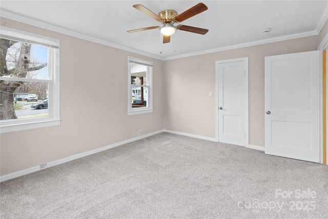 unfurnished bedroom featuring carpet floors, multiple windows, crown molding, and baseboards