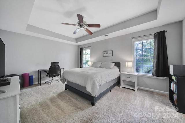 carpeted bedroom featuring a tray ceiling and multiple windows