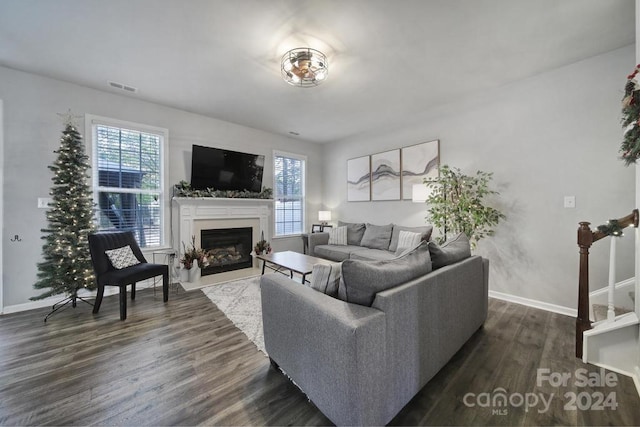 living room with dark hardwood / wood-style floors and a healthy amount of sunlight