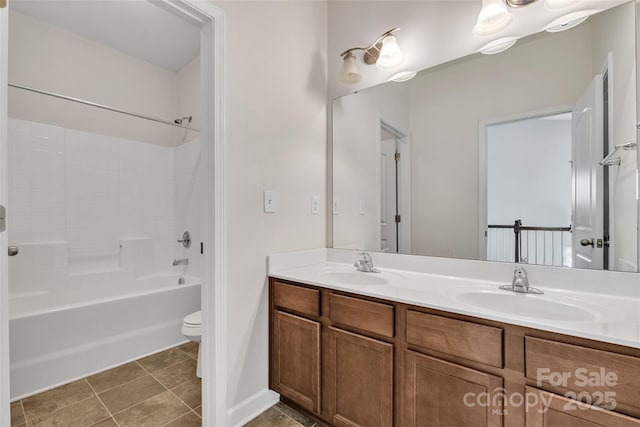 full bathroom featuring tile patterned floors, a sink, toilet, and double vanity