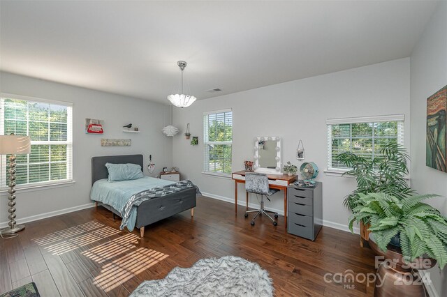 bedroom featuring dark hardwood / wood-style flooring and multiple windows