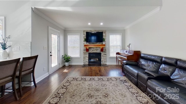 living room with plenty of natural light, ornamental molding, and a stone fireplace