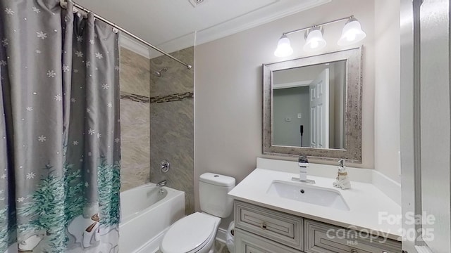 full bathroom featuring toilet, vanity, crown molding, and shower / bath combination with curtain