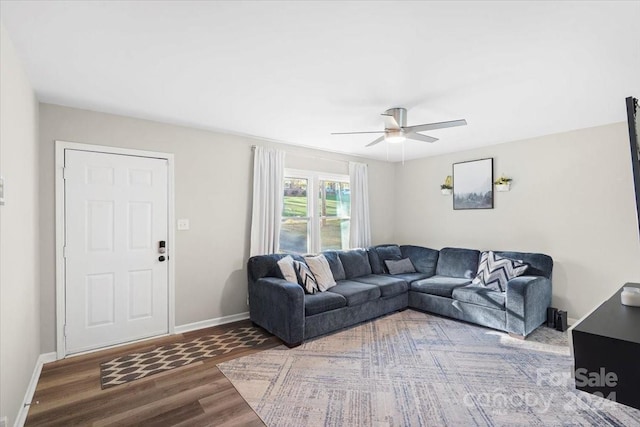 living room featuring hardwood / wood-style floors and ceiling fan