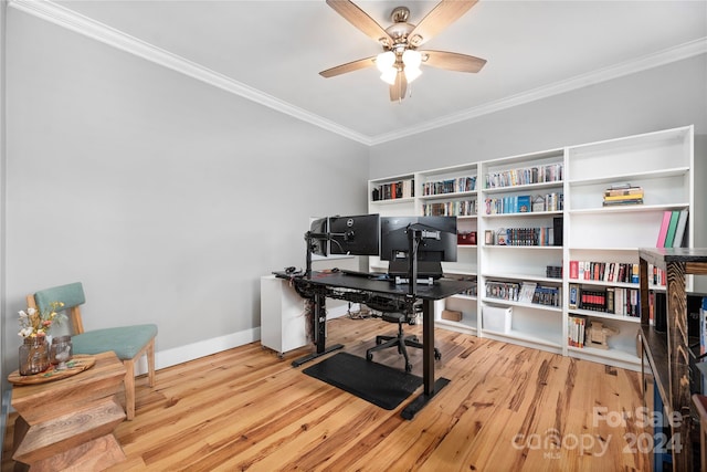 office featuring ceiling fan, light hardwood / wood-style floors, and ornamental molding