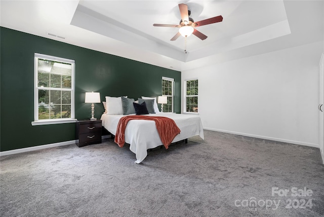 bedroom featuring ceiling fan, a raised ceiling, and carpet floors