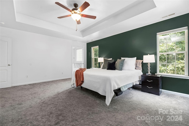 bedroom with carpet flooring, a tray ceiling, and ceiling fan