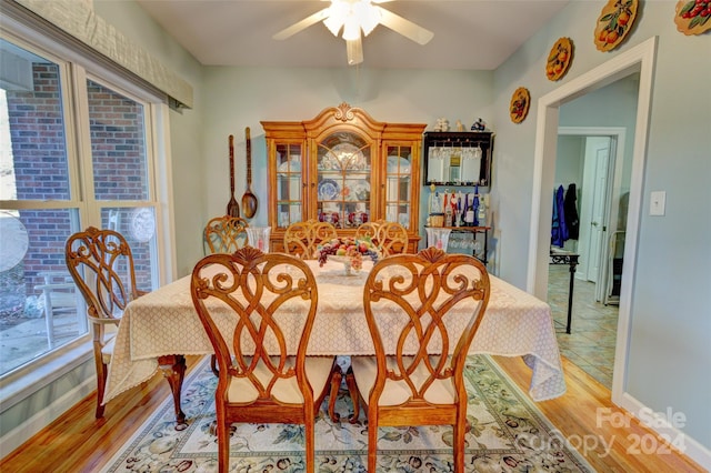 dining space featuring ceiling fan and hardwood / wood-style flooring