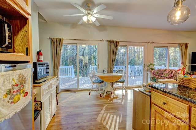 dining space with light hardwood / wood-style flooring, plenty of natural light, and ceiling fan