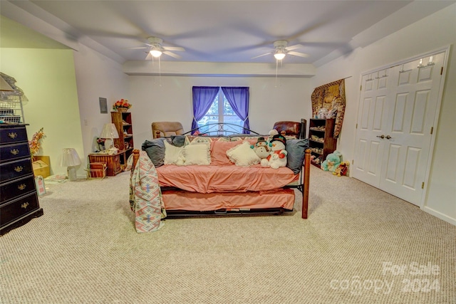 carpeted bedroom with ceiling fan