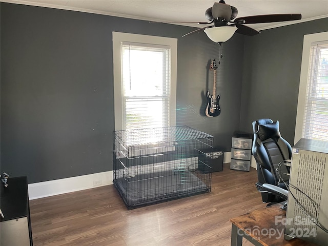 office space featuring a wealth of natural light, ceiling fan, wood-type flooring, and ornamental molding