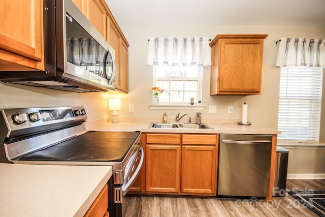 kitchen with sink, light wood-type flooring, and stainless steel appliances