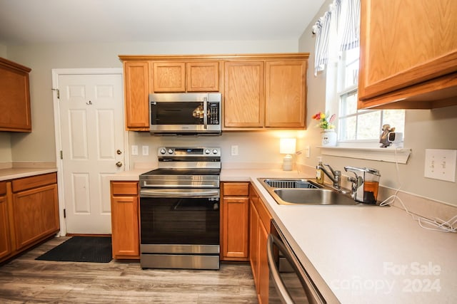 kitchen featuring stainless steel appliances, light hardwood / wood-style floors, and sink