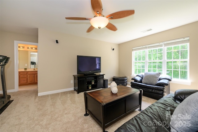 9618 Belloak Ln, Waxhaw, NC 28173 - living area with ceiling fan, light colored carpet, and baseboards
