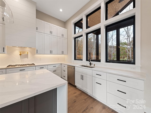 kitchen with light hardwood / wood-style flooring, white cabinetry, a wealth of natural light, and stainless steel appliances